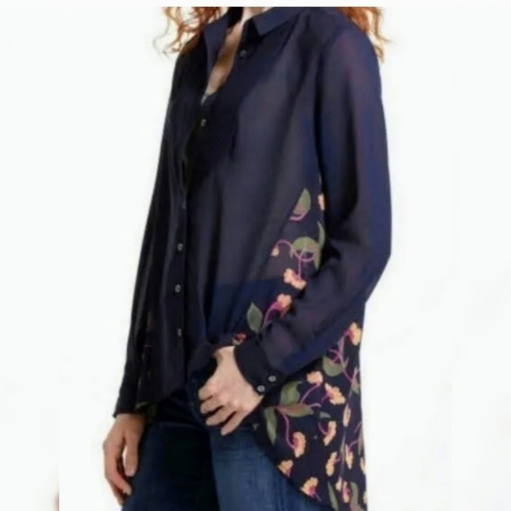 Maeve Ira Pintuck Navy Blue  Floral Blouse